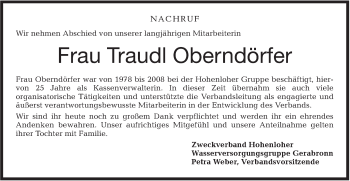 Traueranzeige von Traudl Oberndörfer von Hohenloher Tagblatt