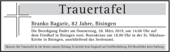 Traueranzeige von Trauertafel vom 26.03.2019 von Hohenzollerische Zeitung