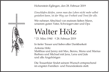 Traueranzeige von Walter Hölz von Alb-Bote/Metzinger-Uracher Volksblatt