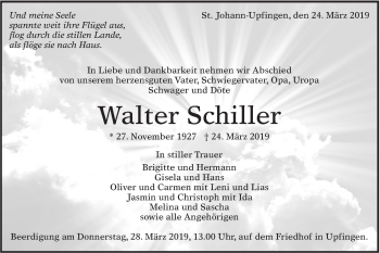 Traueranzeige von Walter Schiller von Alb-Bote/Metzinger-Uracher Volksblatt