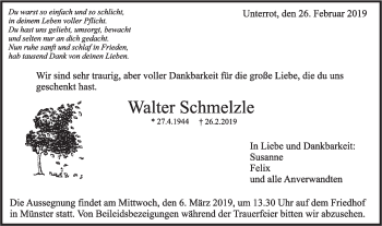 Traueranzeige von Walter Schmelzle von Rundschau Gaildorf