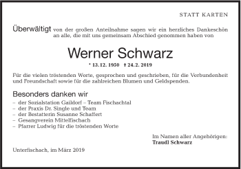 Traueranzeige von Werner Schwarz von Haller Tagblatt