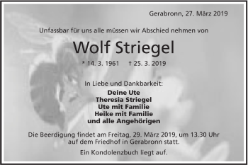 Traueranzeige von Wolf Striegel von Hohenloher Tagblatt