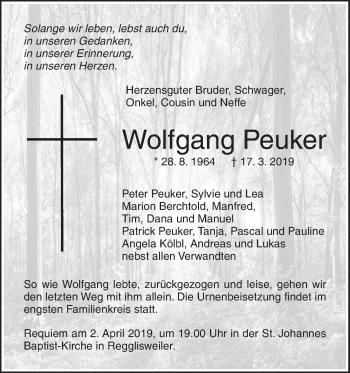 Traueranzeige von Wolfgang Peuker von Illertal Bote