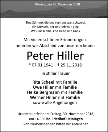 Traueranzeige von Peter Hiller von NWZ Neue Württembergische Zeitung