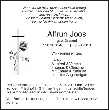 Traueranzeige von Alfrun Joos von SÜDWEST PRESSE Ausgabe Ulm/Neu-Ulm