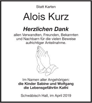 Traueranzeige von Alois Kurz von Haller Tagblatt