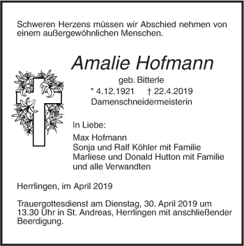 Traueranzeige von Amalie Hofmann von SÜDWEST PRESSE Ausgabe Ulm/Neu-Ulm