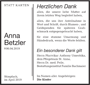 Traueranzeige von Anna Betzler von Hohenloher Tagblatt