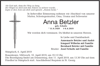 Traueranzeige von Anna Betzler von Hohenloher Tagblatt