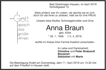 Traueranzeige von Anna Braun von Geislinger Zeitung