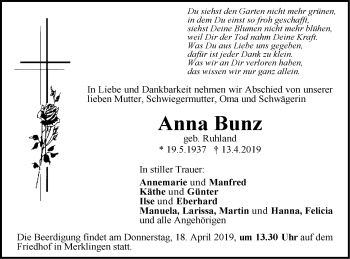 Traueranzeige von Anna Bunz von SÜDWEST PRESSE Ausgabe Ulm/Neu-Ulm