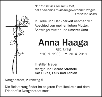 Traueranzeige von Anna Haaga von Ehinger Tagblatt