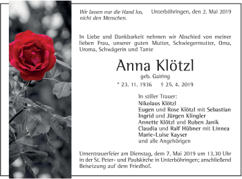 Traueranzeige von Anna Klötzl von Geislinger Zeitung