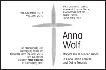 Traueranzeige von Anna Wolf von Hohenloher Tagblatt