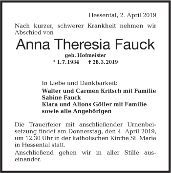 Traueranzeige von Anna Theresia Fauck von Haller Tagblatt