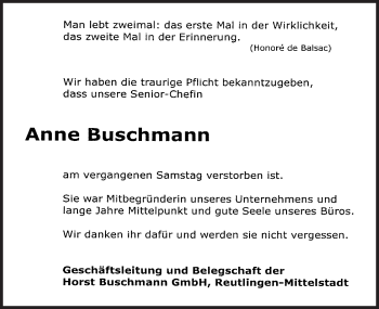 Traueranzeige von Anne Buschmann von Metzinger-Uracher Volksblatt