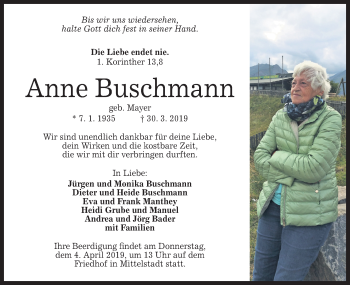 Traueranzeige von Anne Buschmann von Metzinger-Uracher Volksblatt