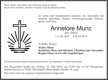 Traueranzeige von Annelore Munz von Haller Tagblatt