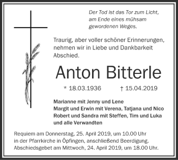 Traueranzeige von Anton Bitterle von Ehinger Tagblatt