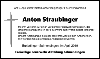 Traueranzeige von Anton Straubinger von Hohenzollerische Zeitung