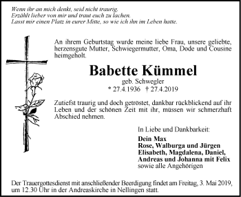 Traueranzeige von Babette Kümmel von SÜDWEST PRESSE Ausgabe Ulm/Neu-Ulm