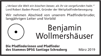 Traueranzeige von Benjamin Wollmershäuser von Hohenloher Tagblatt