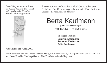 Traueranzeige von Berta Kaufmann von Hohenloher Tagblatt