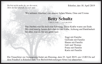 Traueranzeige von Betty Schultz von Hohenloher Tagblatt