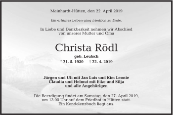 Traueranzeige von Christa Rödl von Rundschau Gaildorf