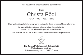 Traueranzeige von Christa Rödl von Rundschau Gaildorf