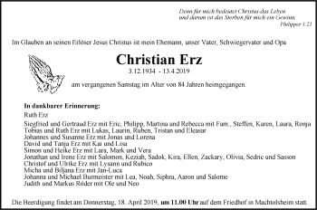 Traueranzeige von Christian Erz von SÜDWEST PRESSE Ausgabe Ulm/Neu-Ulm