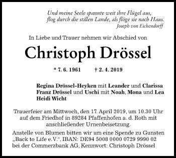 Traueranzeige von Christoph Drössel von SÜDWEST PRESSE Ausgabe Ulm/Neu-Ulm