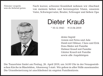 Traueranzeige von Dieter Krauß von Hohenloher Tagblatt