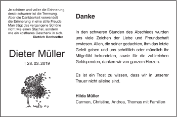 Traueranzeige von Dieter Müller von SÜDWEST PRESSE Ausgabe Ulm/Neu-Ulm