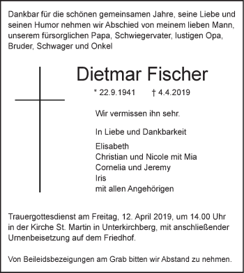 Traueranzeige von Dietmar Fischer von SÜDWEST PRESSE Ausgabe Ulm/Neu-Ulm