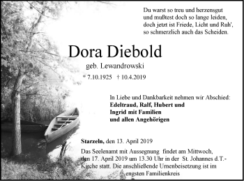 Traueranzeige von Dora Diebold von Hohenzollerische Zeitung