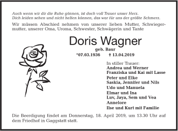 Traueranzeige von Doris Wagner von Hohenloher Tagblatt