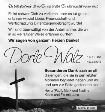 Traueranzeige von Dorle Walz von Metzinger-Uracher Volksblatt