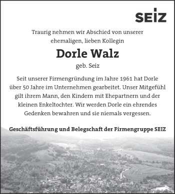 Traueranzeige von Dorle Walz von Metzinger-Uracher Volksblatt