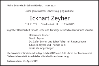 Traueranzeige von Eckhart Zeyher von Haller Tagblatt