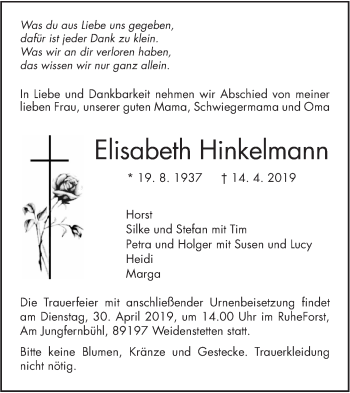 Traueranzeige von Elisabeth Hinkelmann von SÜDWEST PRESSE Ausgabe Ulm/Neu-Ulm