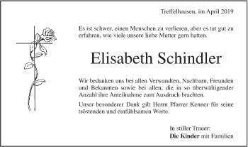 Traueranzeige von Elisabeth Schindler von Geislinger Zeitung