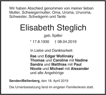 Traueranzeige von Elisabeth Steglich von SÜDWEST PRESSE Ausgabe Ulm/Neu-Ulm