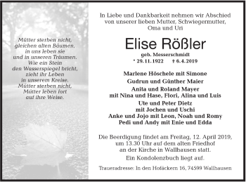 Traueranzeige von Elise Rößler von Hohenloher Tagblatt