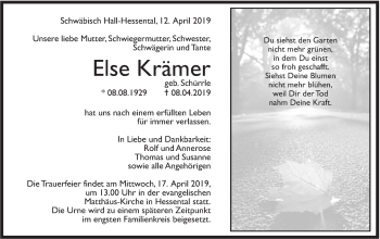 Traueranzeige von Else Krämer von Haller Tagblatt