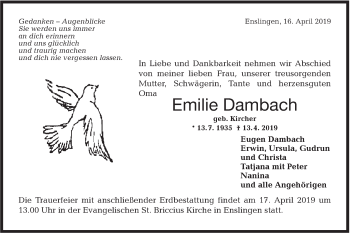 Traueranzeige von Emilie Dambach von Haller Tagblatt