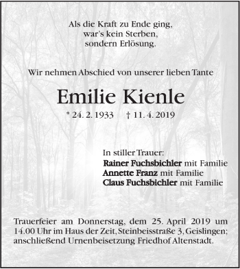 Traueranzeige von Emilie Kienle von Geislinger Zeitung