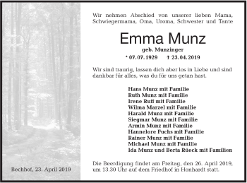 Traueranzeige von Emma Munz von Hohenloher Tagblatt