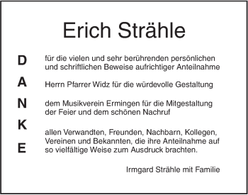 Traueranzeige von Erich Strähle von SÜDWEST PRESSE Ausgabe Ulm/Neu-Ulm